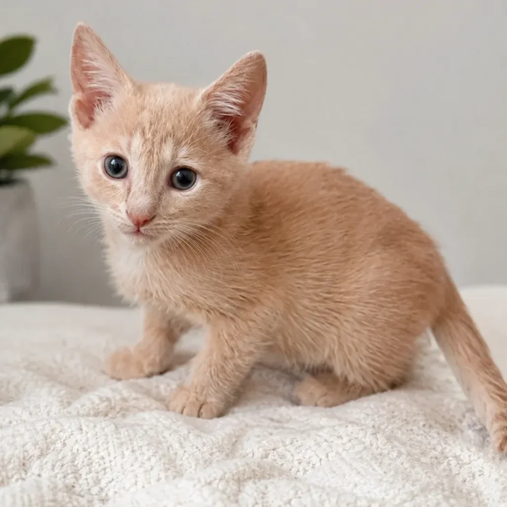 Cream tabby domestic shorthair kitten standing on a white blanket