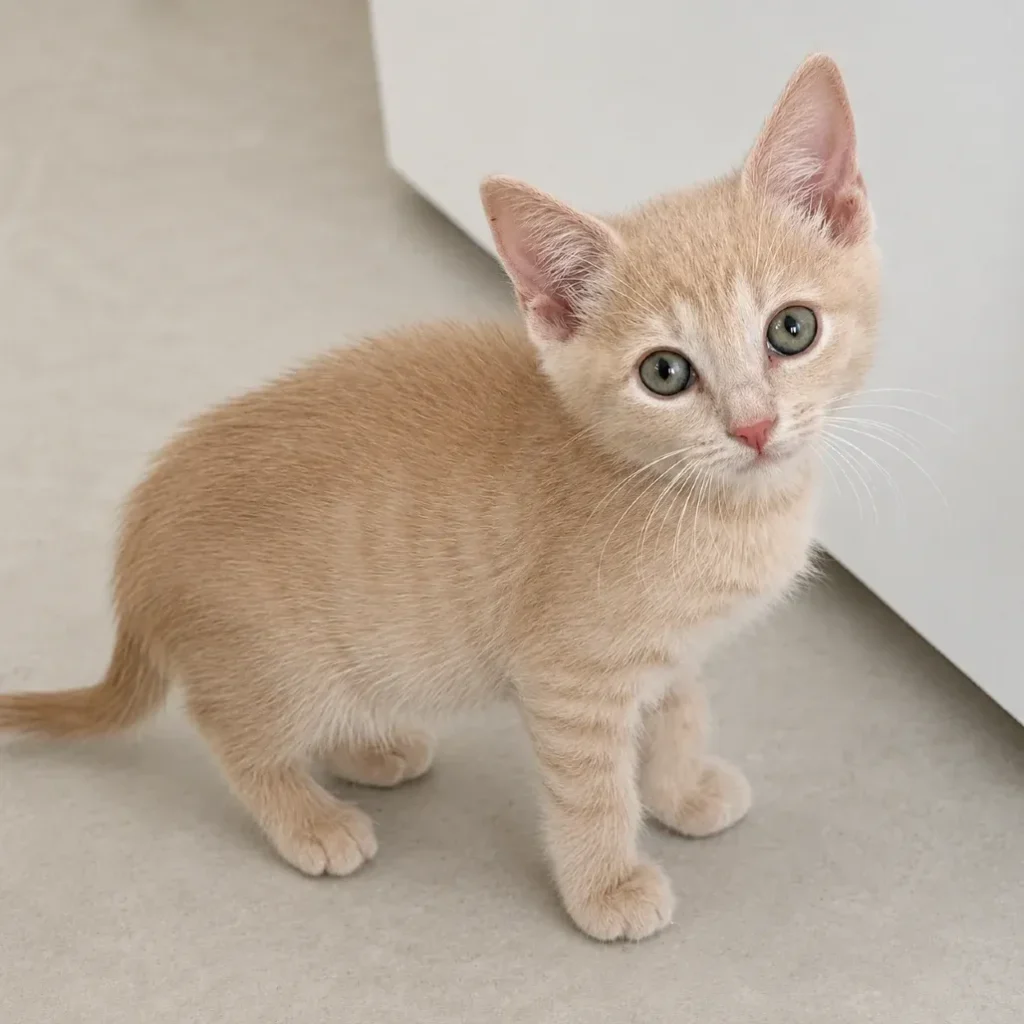 Cream tabby domestic shorthair kitten standing on a light floor